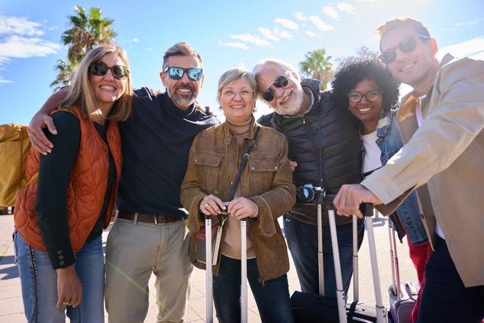 Groupe de voyageurs souriants au départ du séjour